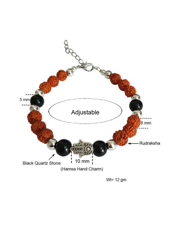 Stylish  Hamsa Hand Black Quartz Rudraksha Bracelet